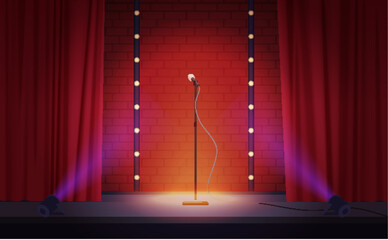 Theater stage with open red curtains, microphone and spotlight vector illustration. Cartoon empty theatre scene with classic cloth decor for comedy stand up show or karaoke, concert luxury event