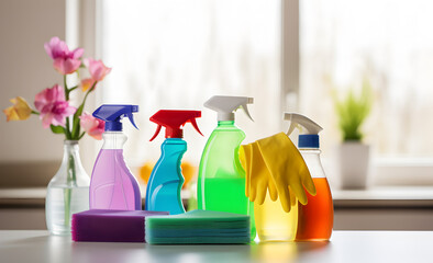 Bright spring cleaning supplies, rubber gloves and fresh flowers signify a fresh start to the season.