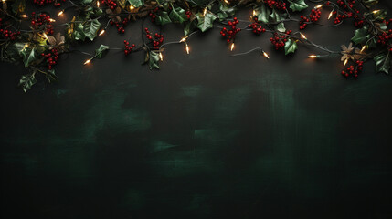 Overhead Flat Lay View of Lush Christmas Garland with Red Cranberry Effect - Rustic, Weathered Green Background with Vintage Texture and Aesthetic - Twinkle Lights and Holiday Glow - Xmas Decorations