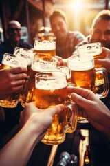 A group of friends clink glasses with beer - obrazy, fototapety, plakaty