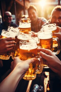 A group of friends clink glasses with beer