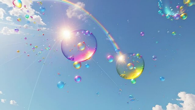 Many multi colored rainbow soap bubbles fly against blue sky, close up
