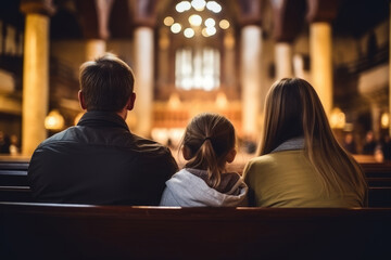 Family sitting on the bench in small church and praying - Powered by Adobe