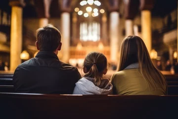 Fotobehang Family sitting on the bench in small church and praying © vejaa