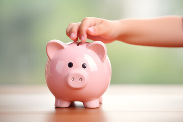 savings, child hand putting a coin to pink piggy bank