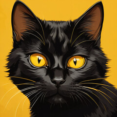 Vibrant digital portraits of a black cat with striking yellow eyes