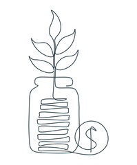 Stack coins in jar in single continuous line. Savings or investments. Profit growth drawing with one line. Saving and family budget concept. Money plant. Budget or fund. Financial bank deposit.