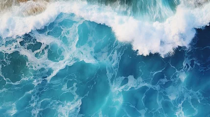 Foto op Plexiglas Beautiful texture of big power dark ocean waves with white wash. Aerial top view footage of fabulous sea tide on a stormy day. Drone filming breaking surf with foam in Indian ocean. Big swell in Bali. © haizah