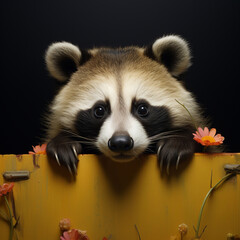 Obraz premium Portrait of a cute raccoon who put his front paws on a yellow board and looks straight into the camera against a dark studio background. Concept: wild animals in captivity.
