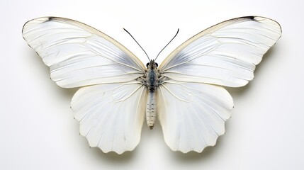 Fototapeta na wymiar Beautiful white butterfly with spread wings from family of whiteflies Pieridae isolated on white background. Pieris rapae.