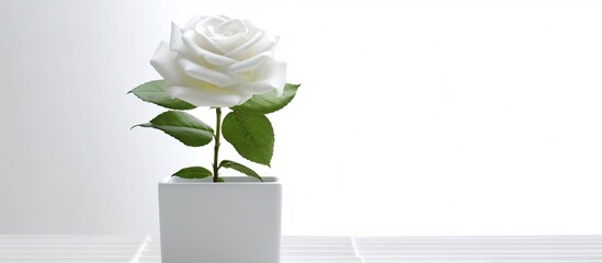 beautiful white rose in white pot on white background, selective focus