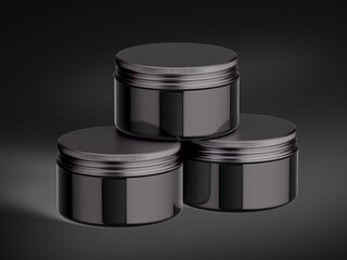 3D Illustration. Skin care cream jars on black background.