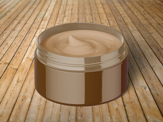 3D Illustration. Skin care cream jar on wooden background.