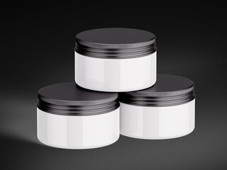 3D Illustration. Skin care cream jars on black background.