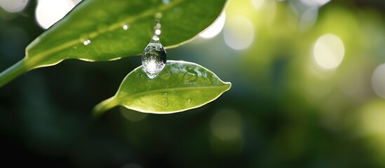 Fototapeta na wymiar Beauty transparent water drop on green leaves macro with sun glare. A beautiful artistic depiction of a fresh nature environment in spring or summer. high contrast