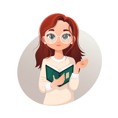 A nerdy girl with glasses and a book in her hands, a librarian's look.