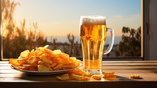 Beer and chips on the large white table. Restaurant