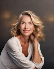 Beautiful blonde woman, middle aged model smiling. Healthy beauty, perfect hair, facial skin and teeth, model for cosmetics.