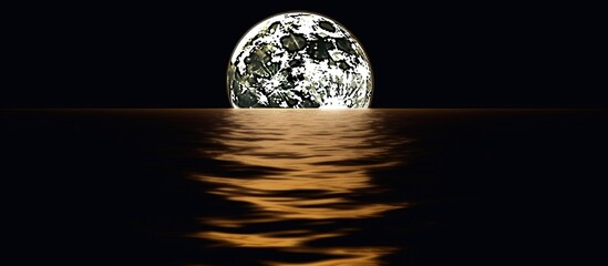 Landscape moon over horizon on sea and moonlight. Panorama with the luna of night. Grand mystical fantastic view.