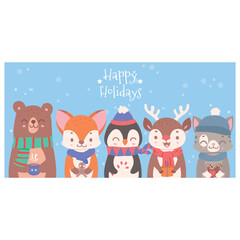 Happy Holidays greeting with cute stylized animals