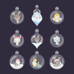 Collection of transparent Christmas ornaments with characters inside