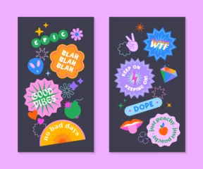 Deurstickers Vector insta story templates with patches and stickers in 90s style.Smm banners in y2k aesthetic with chess background.Funky designs for social media marketing,branding,packaging © Xenia Artwork 