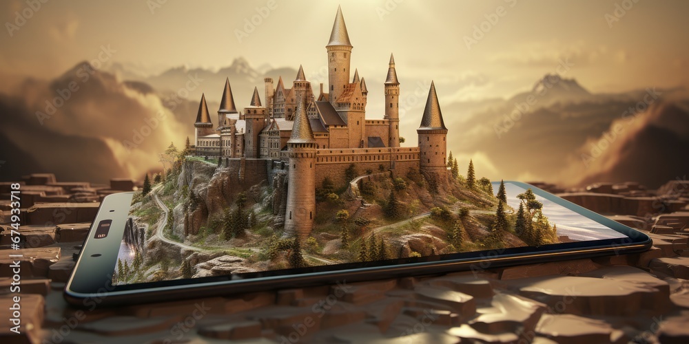 Poster phone with a castle atop, blending virtual and augmented reality in the name of virus defense, hacke