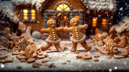 Festive gingerbread cookies dancing in a wintewond  AI generated illustration