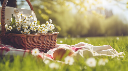 A picnic basket brimming with fresh fruit and spring flowers set on a sunny daisy-filled meadow. - 674934174