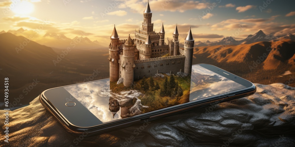 Poster Phone with a Castle Atop, Blending Virtual and Augmented Reality in the Name of Virus Defense, Hacker Protection, and Mobile Security Against Malware and Trojans