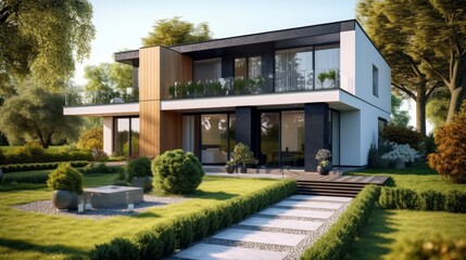Obraz premium Very modern house with garden in front Sunny day AI generated illustration