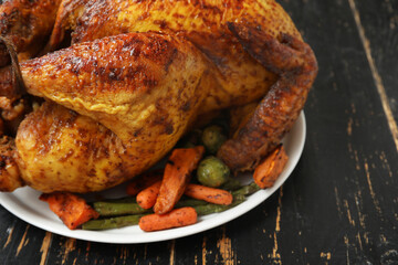 Plate with tasty roasted turkey and different vegetables for Thanksgiving day on black wooden background