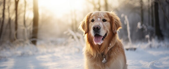 Happy golden retriever dog on winter snow nature background, wide web banner. Winter activities for dogs. Cold season Care Advice For Dogs. Preparing dog for walks in winter.