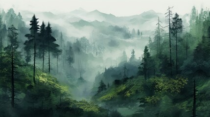 A calming pattern of misty forests and soft greenery  AI generated illustration - obrazy, fototapety, plakaty