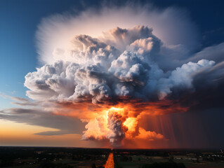 Fototapeta na wymiar A colossal supercell looms over a quiet country road at sunset, a stunning display of nature's might.