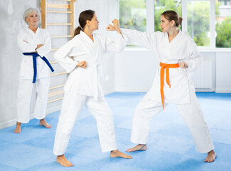 Fototapeta na wymiar Group of women in kimonos train karate techniques in studio