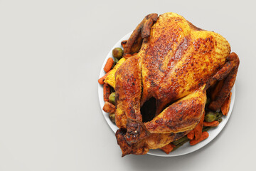 Plate with tasty roasted turkey and different vegetables for Thanksgiving day on white background