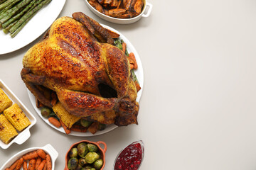 Plate with tasty roasted turkey and different dishes for Thanksgiving day on white background