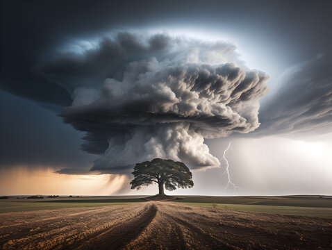 A lone tree stands against a towering supercell, with lightning striking in the distance.