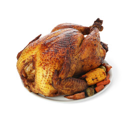 Plate with tasty roasted turkey and different vegetables for Thanksgiving day on white background