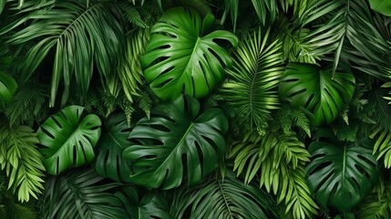 Green leaves background Green tropical monstera lea  AI generated illustration - obrazy, fototapety, plakaty