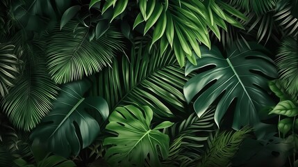 Green leaves background Green tropical monstera lea  AI generated illustration - obrazy, fototapety, plakaty