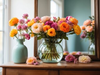 a vase filled with flowers next to a mirror