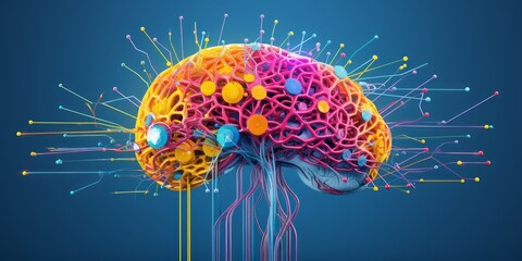 A Human Brain in Vibrant Colors Against a Blue Background, Synthesizing Neurons, IoT, and Medical Science for Visualization, Ideas, and Creativity