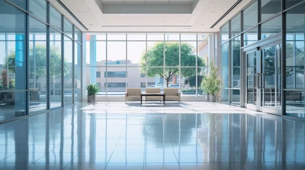 Fotobehang Blurred abstract background interior view looking out toward to empty office lobby and entrance doors and glass curtain wall with frame - blue white balance processing style © haizah