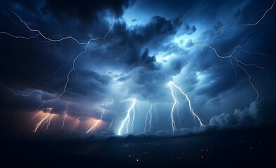 Intense lightning forks cleave through a chaotic sky, exemplifying nature's untamed energy.