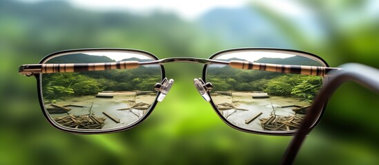 Blurred image of reflection of natural scenery through glasses. bamboo backgrounds, Vision concept