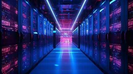 Fototapeta premium Shot of Data CenteWith Multiple Rows of Fully AI generated illustration