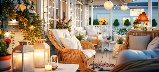 Fototapeta premium View over cozy outdoor terrace with outdoor string lights. Evening on the patio terrace of a beautiful house with lanterns