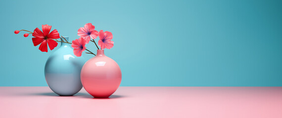colorful vases with flowers on a pastel background. A perfect background for a product presentation